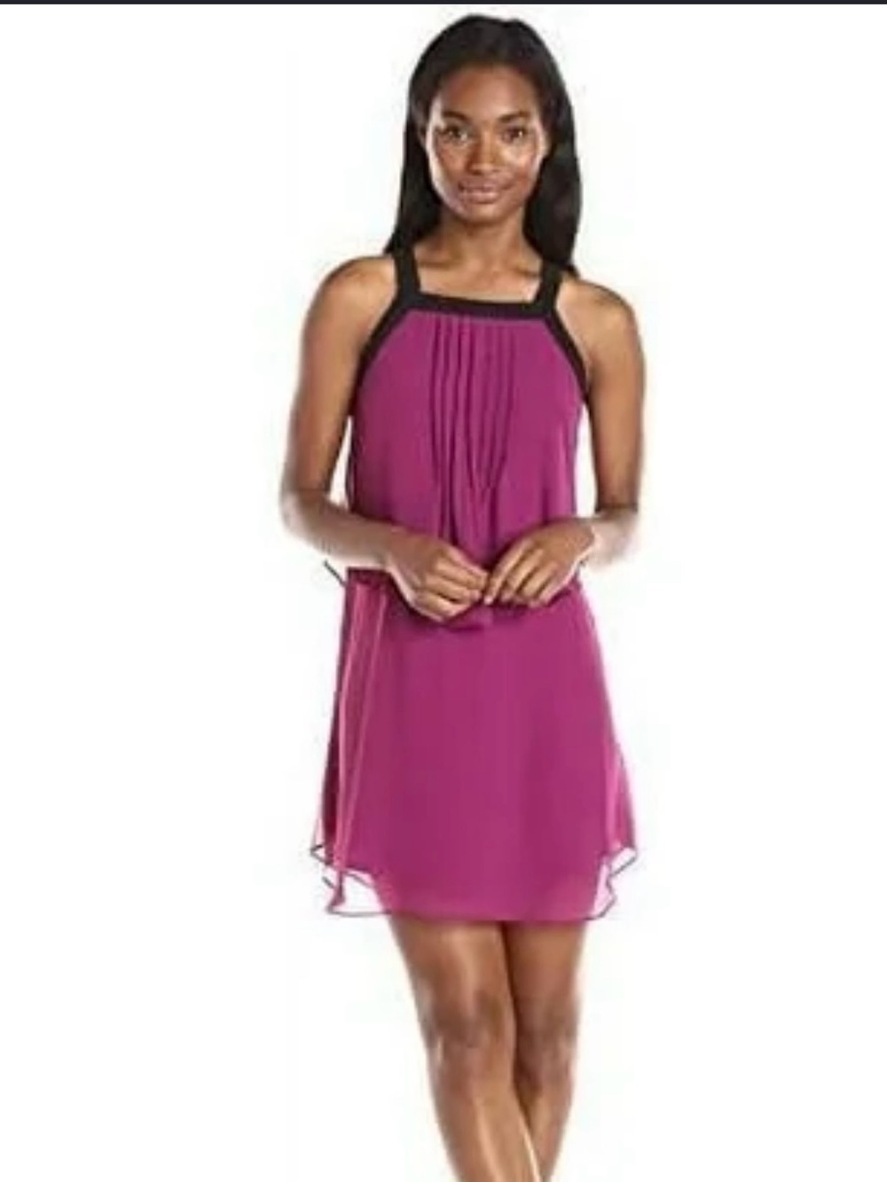 BCBG Plum Chiffon Halter Dress with Black Trim is a size Large.